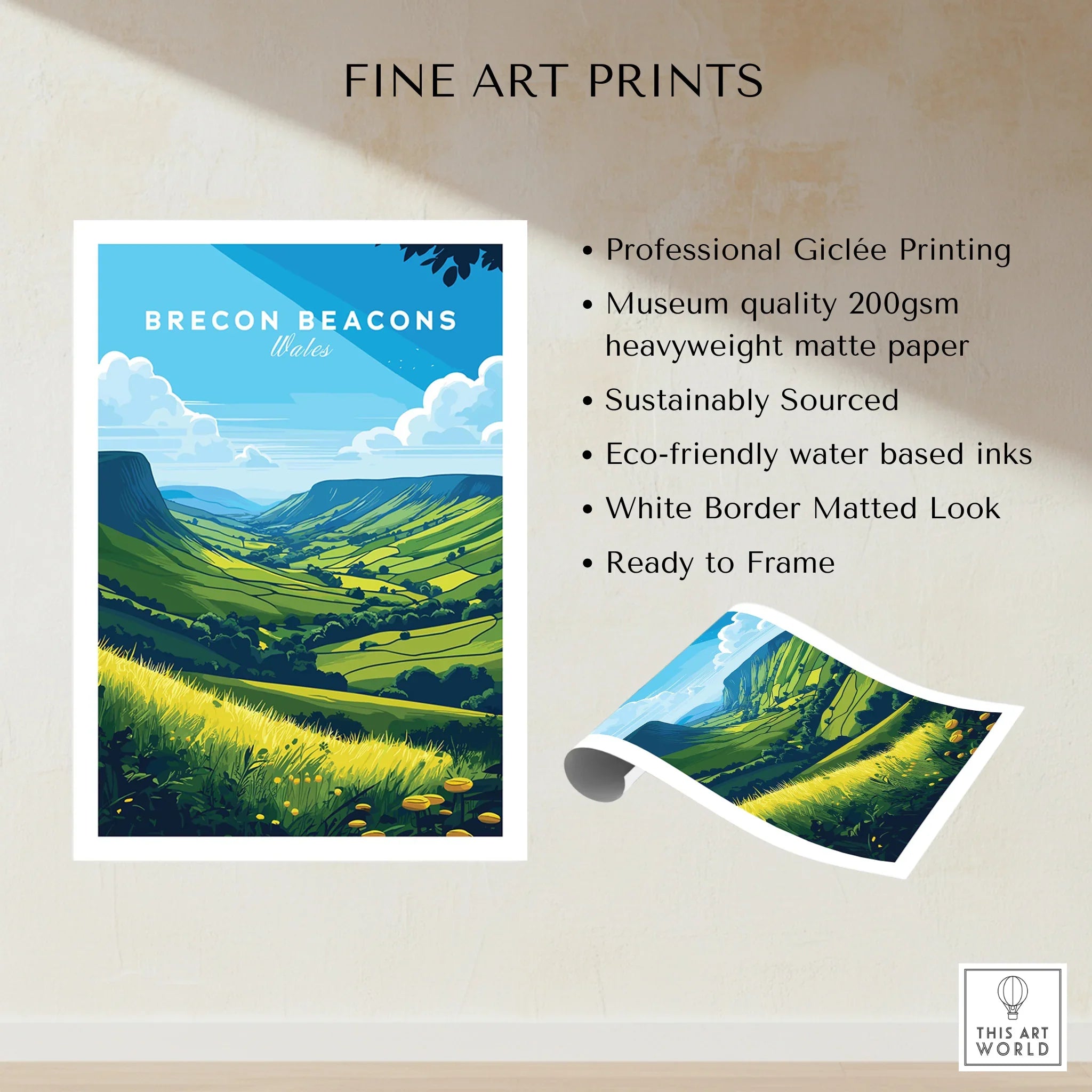 Brecon Beacons Wales Countryside Travel Poster — fine art print unframed quality details