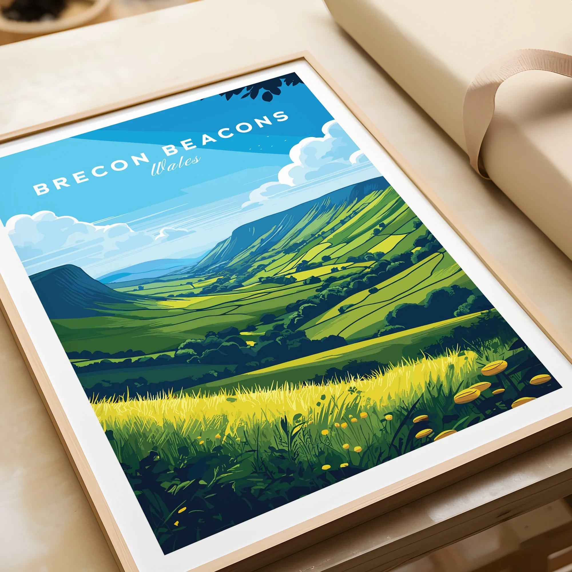 Brecon Beacons Wales Countryside Travel Poster — framed art print closeup gift unwrapped natural frame