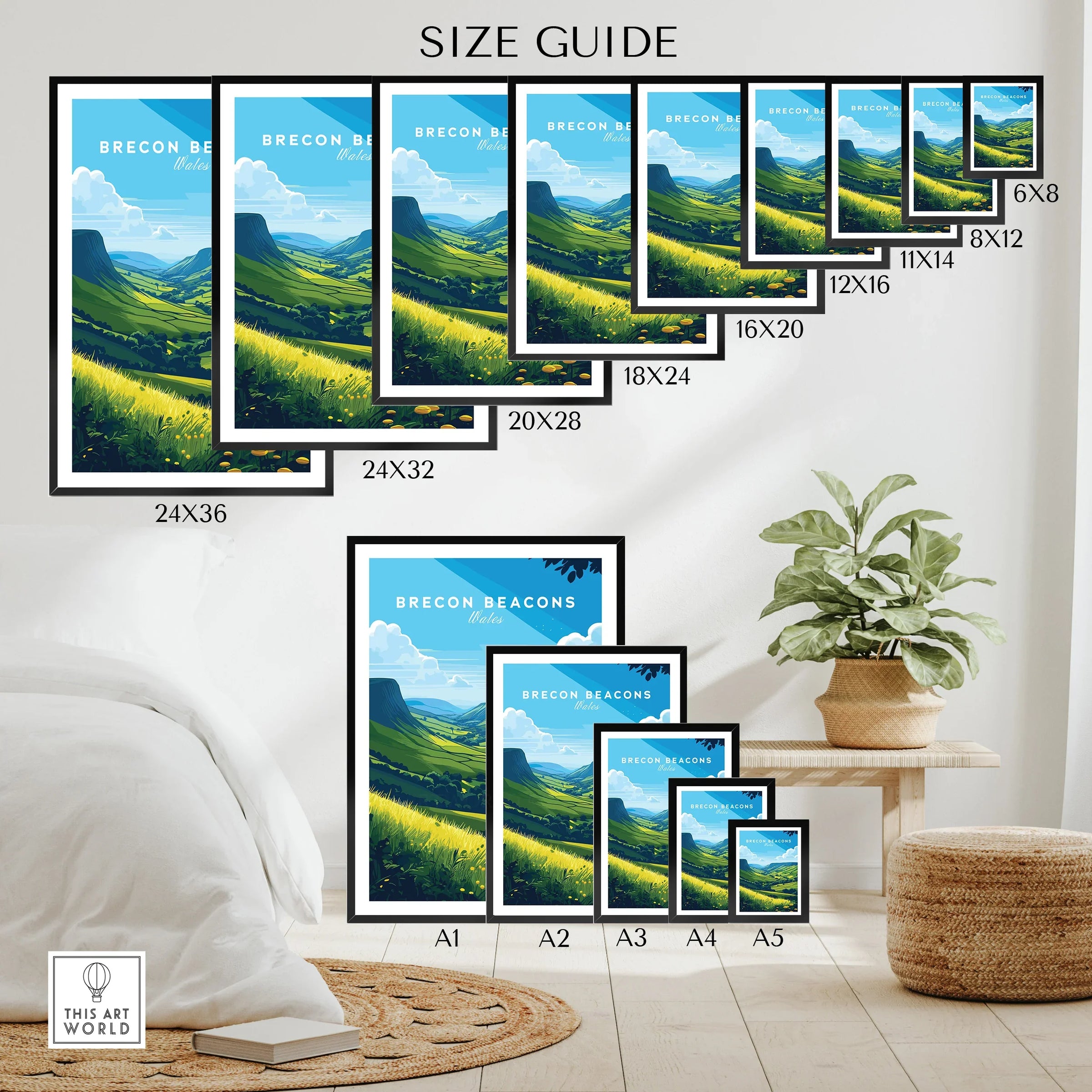 Brecon Beacons Wales Countryside Travel Poster — wall art poster size guide thisartworld