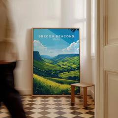 Brecon Beacons Wales Countryside Travel Poster — framed canvas on floor man walking past