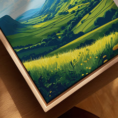 Brecon Beacons Wales Countryside Travel Poster — closeup framed canvas natural wood floating frame