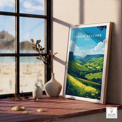 Brecon Beacons Wales Countryside Travel Poster — framed print window view natural wood frame