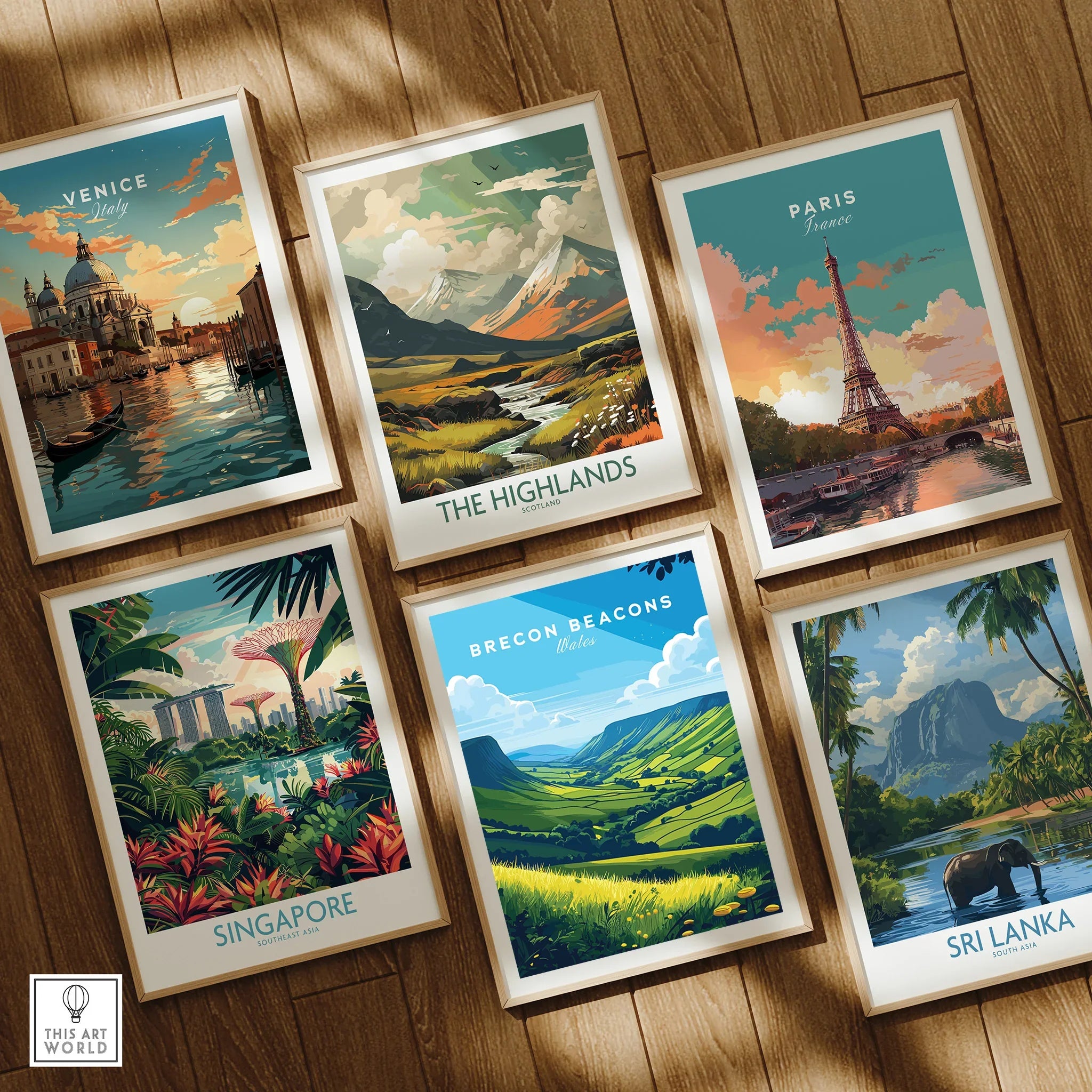 Brecon Beacons Wales Countryside Travel Poster — set six framed art prints wooden floor natural wood frames