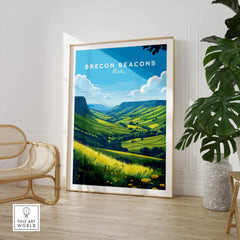 Brecon Beacons Wales Countryside Travel Poster — large framed print room setting chair plant