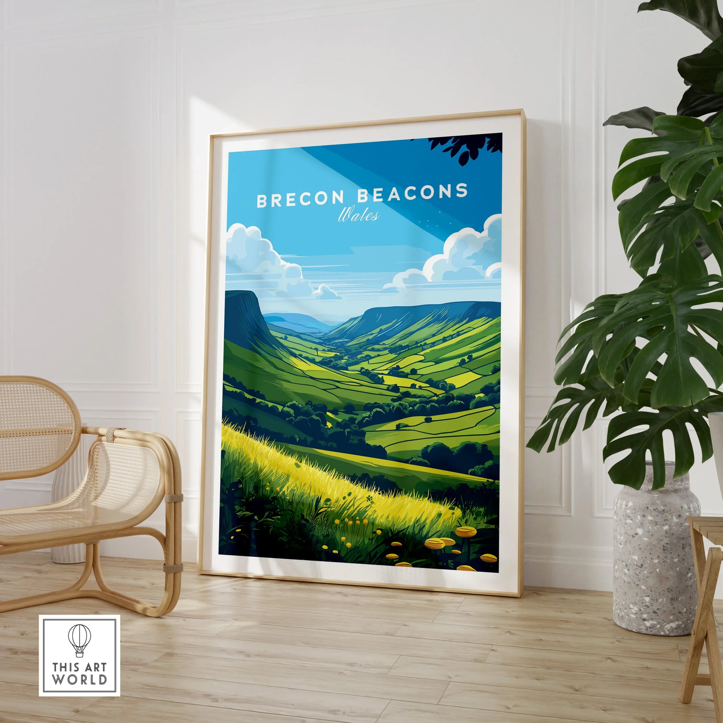 Brecon Beacons Wales Countryside Travel Poster — large framed print room setting chair plant