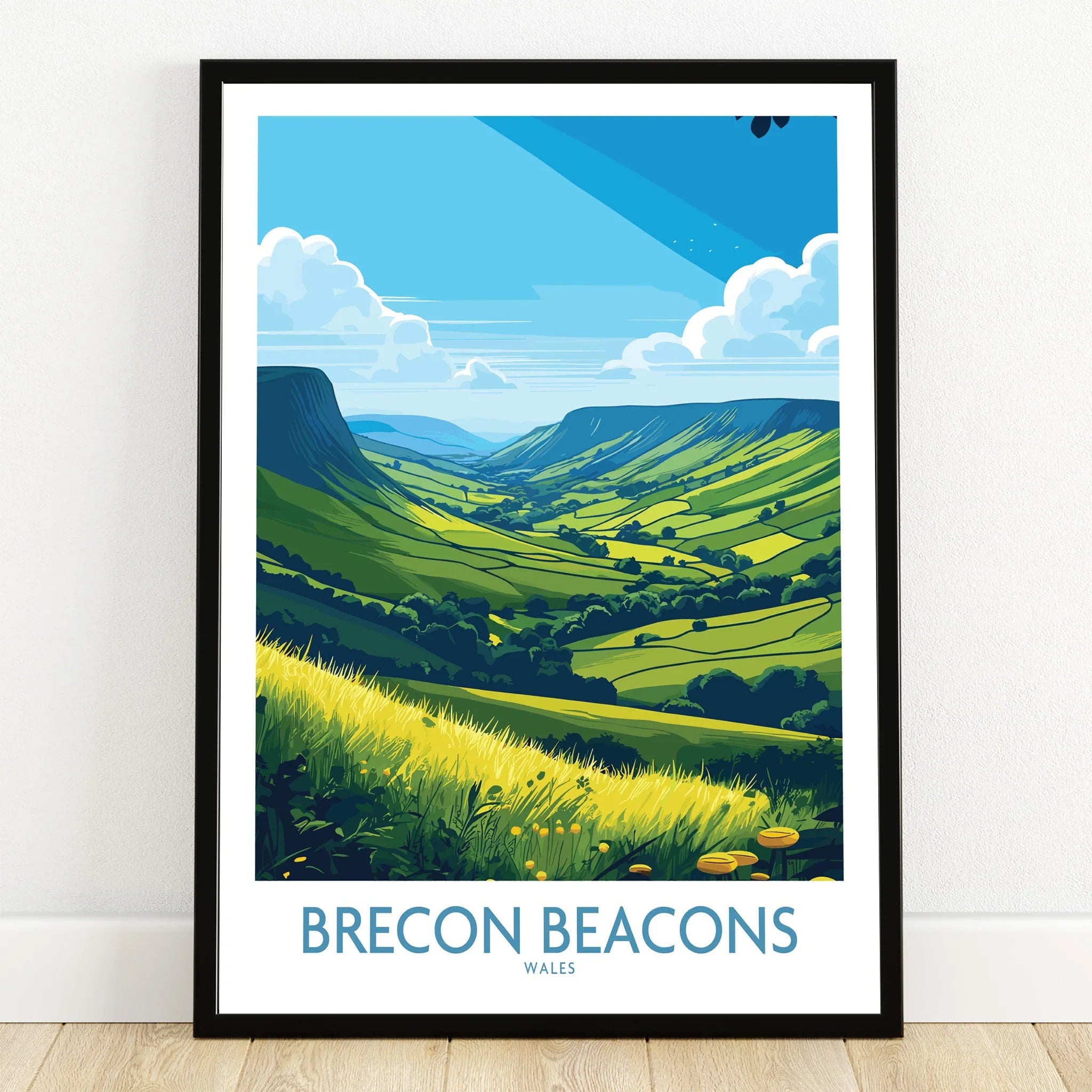 Brecon Beacons Wales Countryside Wall Art — art print in black frame on wooden floor