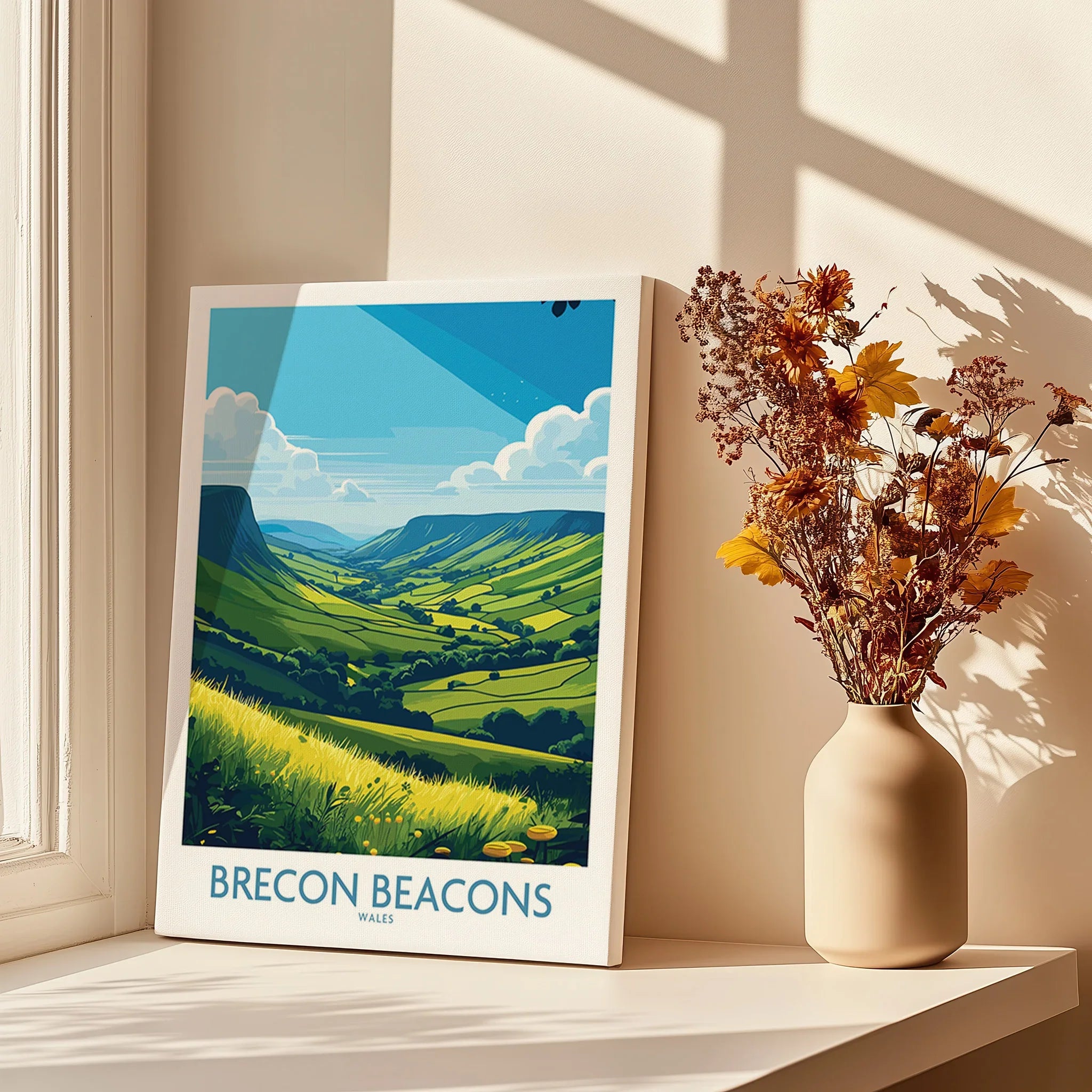 Brecon Beacons Wales Countryside Wall Art — canvas print window setting with shadows flowers