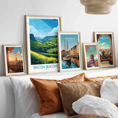 Brecon Beacons Wales Countryside Wall Art — set five framed artprints above bed natural wood frames