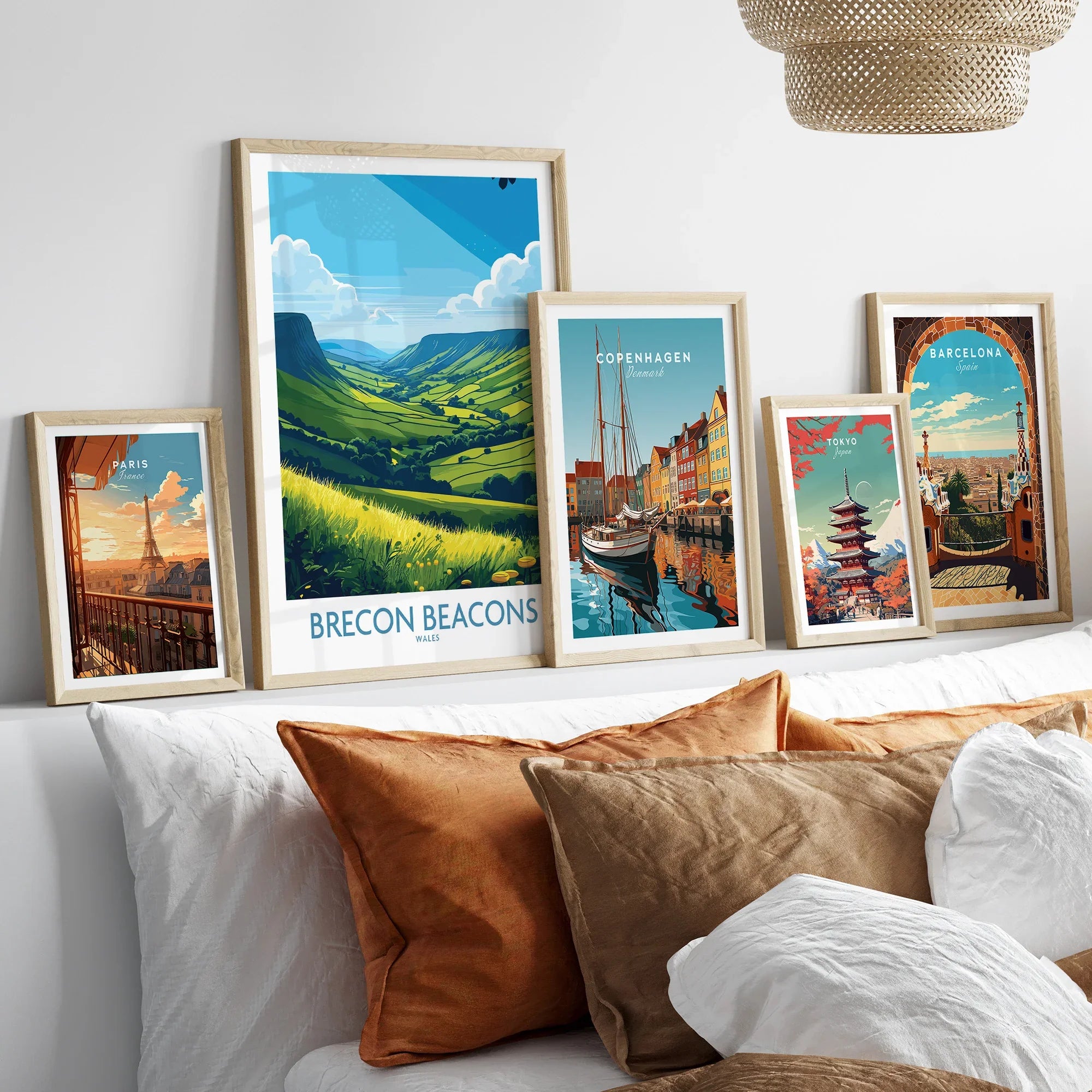 Brecon Beacons Wales Countryside Wall Art — set five framed artprints above bed natural wood frames