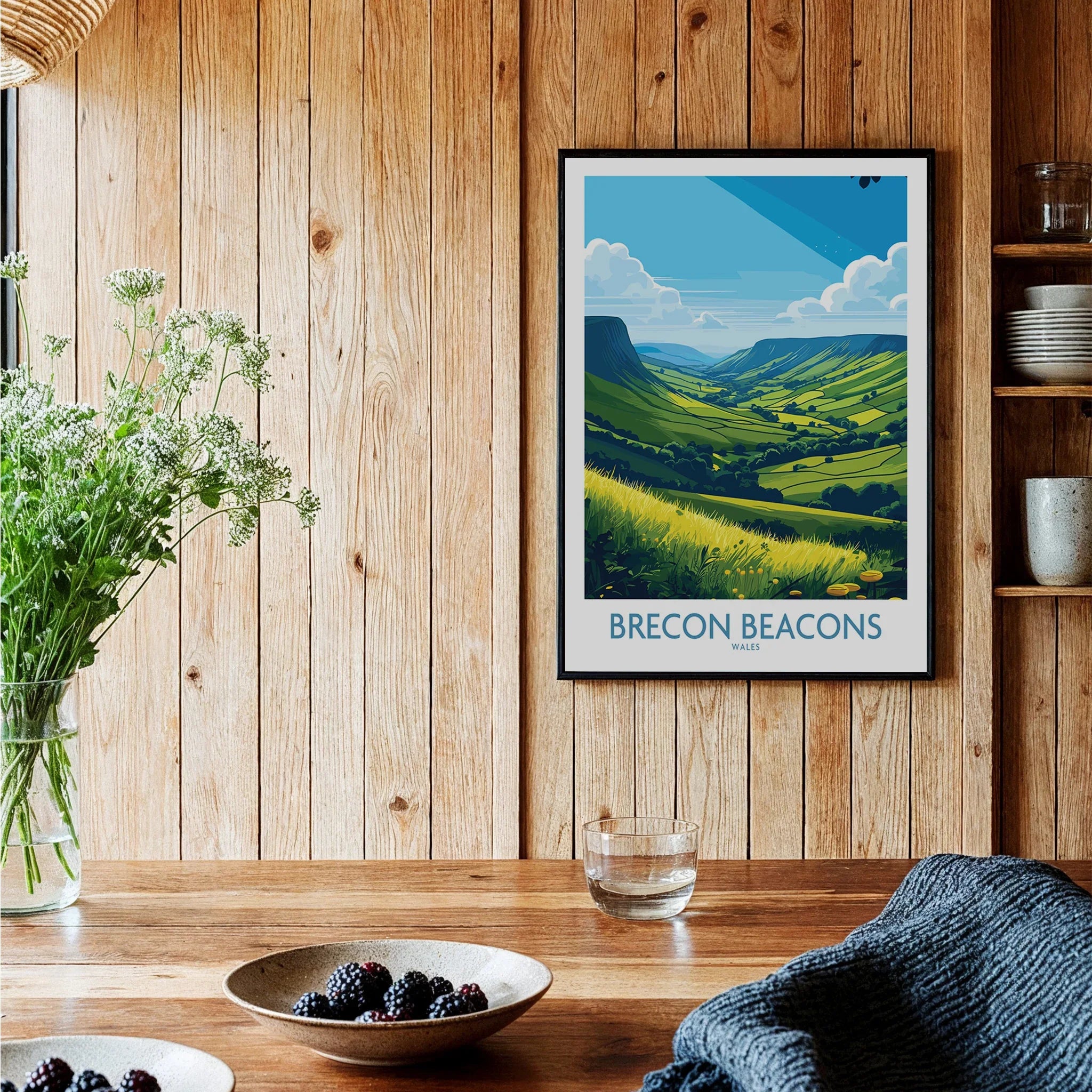 Brecon Beacons Wales Countryside Wall Art — black framed art print kitchen setting