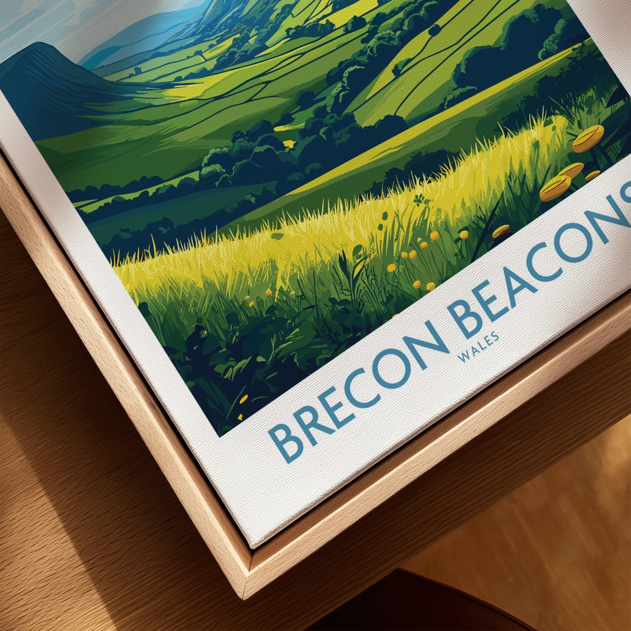 Brecon Beacons Wales Countryside Wall Art — closeup framed canvas natural wood floating frame