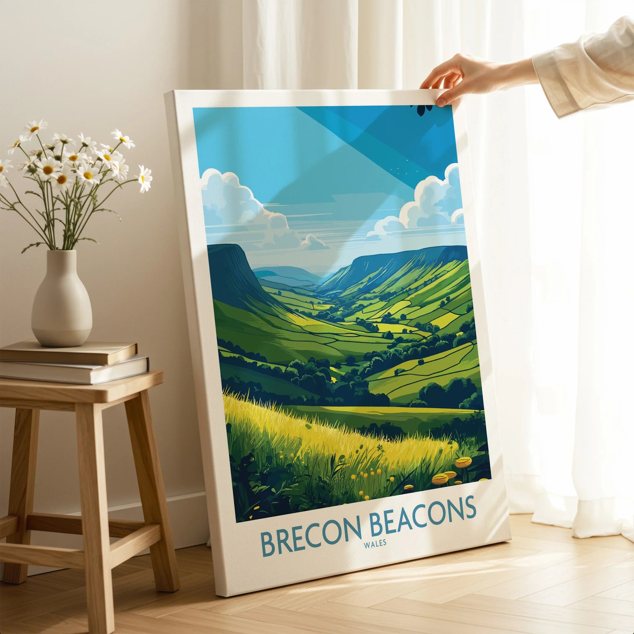 Brecon Beacons Wales Countryside Wall Art — canvas print mirror edge hand holding room setting
