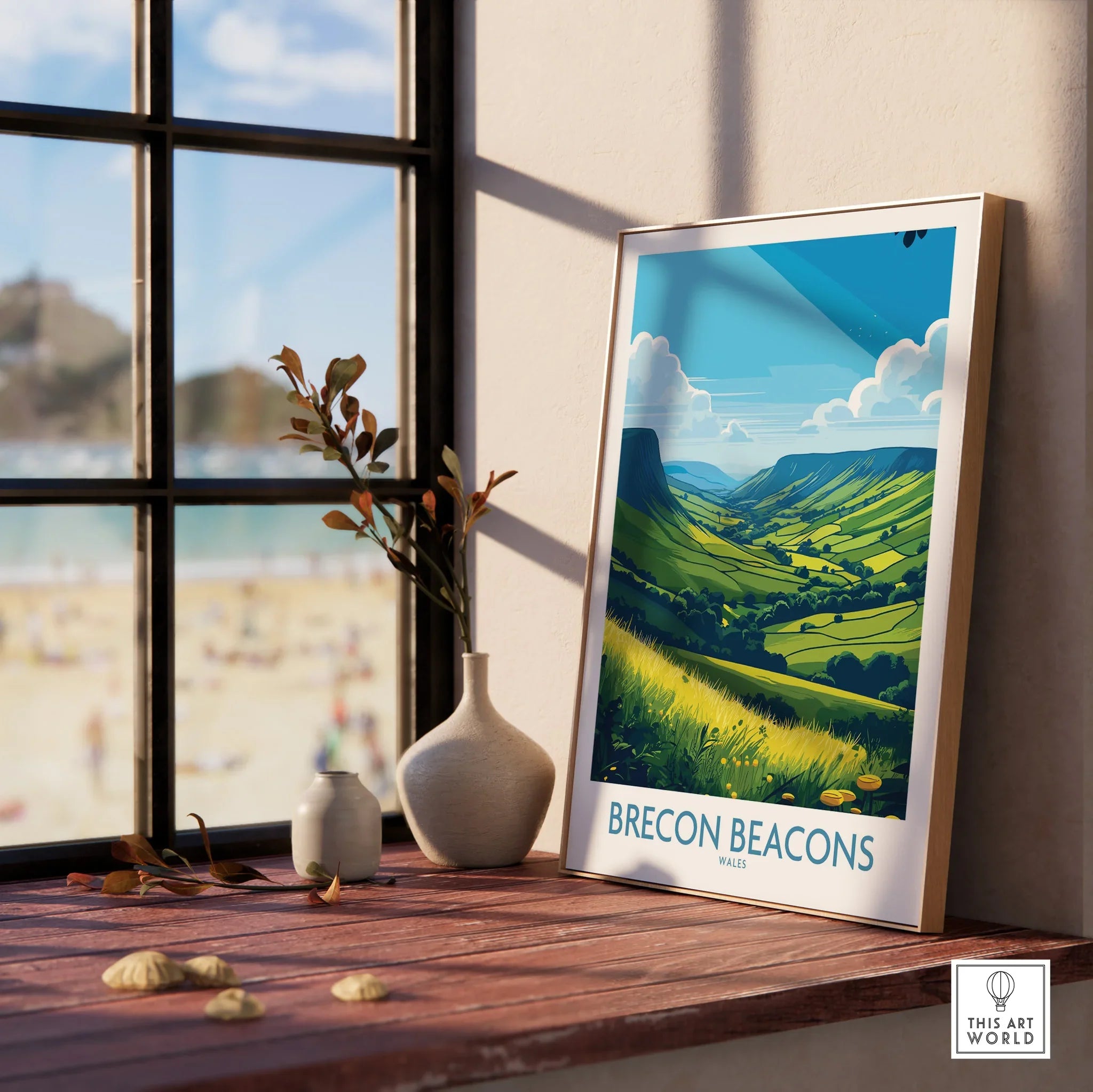 Brecon Beacons Wales Countryside Wall Art — framed print window view natural wood frame