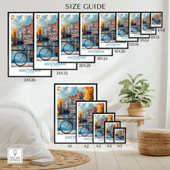 Bright Amsterdam Canal Poster - Colourful Dutch Houses Reflecting on Water Art size guide options on interior wall.