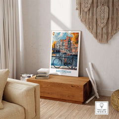 Bright Amsterdam Canal Poster - Colourful Dutch Houses Reflecting on Water Art displayed in a stylish interior setting.
