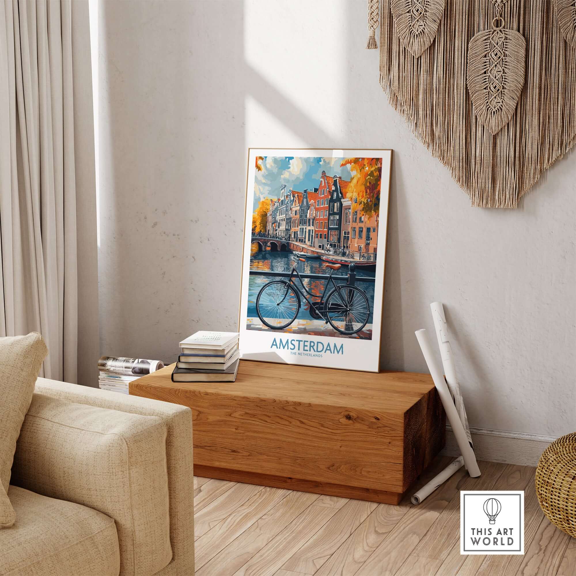 Bright Amsterdam Canal Poster - Colourful Dutch Houses Reflecting on Water Art displayed in a stylish interior setting.