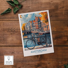 Bright Amsterdam Canal Poster - Colourful Dutch Houses Reflecting on Water Art featuring bike and canal scene.