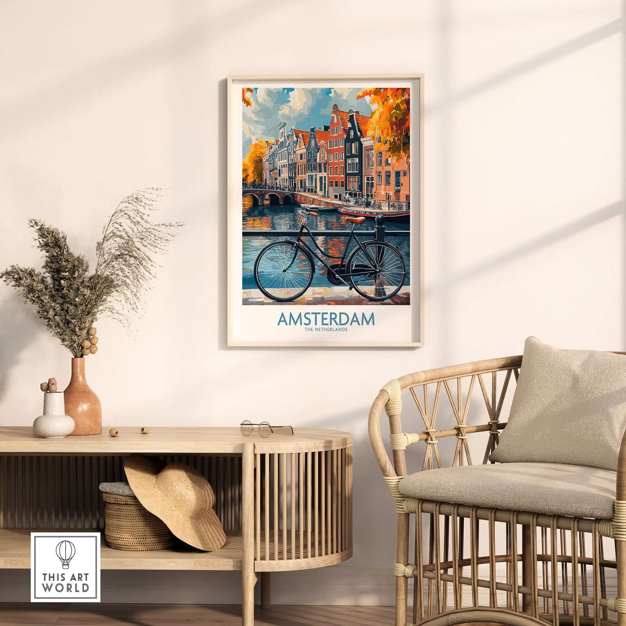 Bright Amsterdam Canal Poster - Colourful Dutch Houses Reflecting on Water Art in a modern living space.