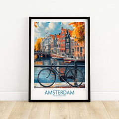 Bright Amsterdam Canal Poster - Colourful Dutch Houses Reflecting on Water Art featuring a bike and vibrant scenery.