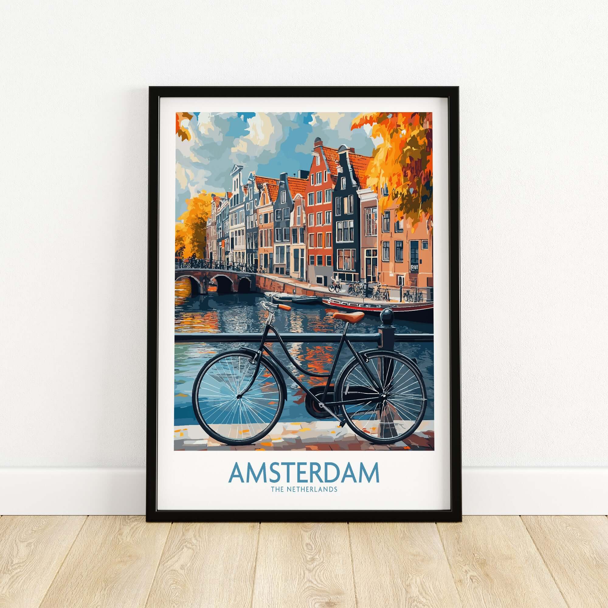 Bright Amsterdam Canal Poster - Colourful Dutch Houses Reflecting on Water Art featuring a bike and vibrant scenery.