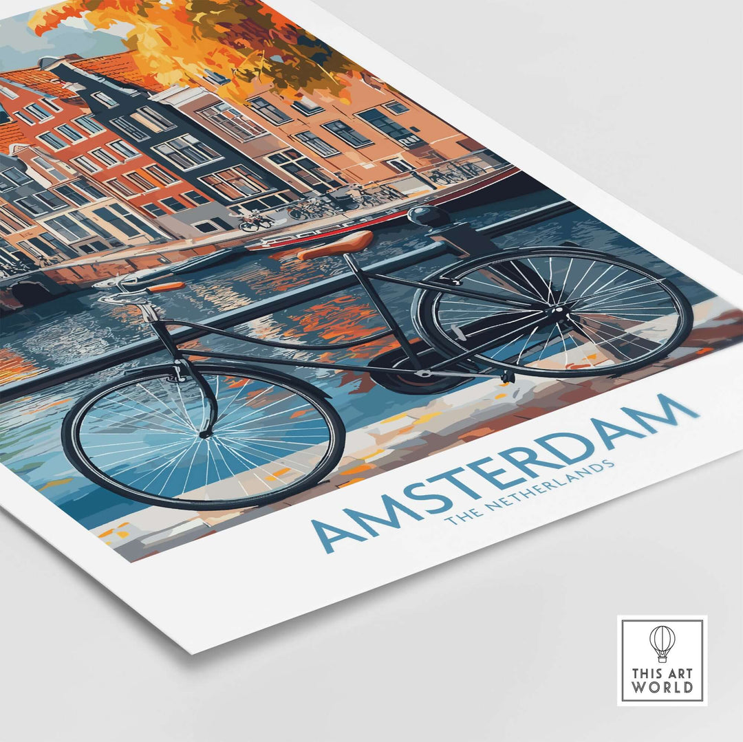 Bright Amsterdam Canal poster featuring colorful Dutch houses and a bicycle by the water.