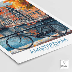 Bright Amsterdam Canal Poster - Colourful Dutch Houses Reflecting on Water Art featuring a bike by a canal.