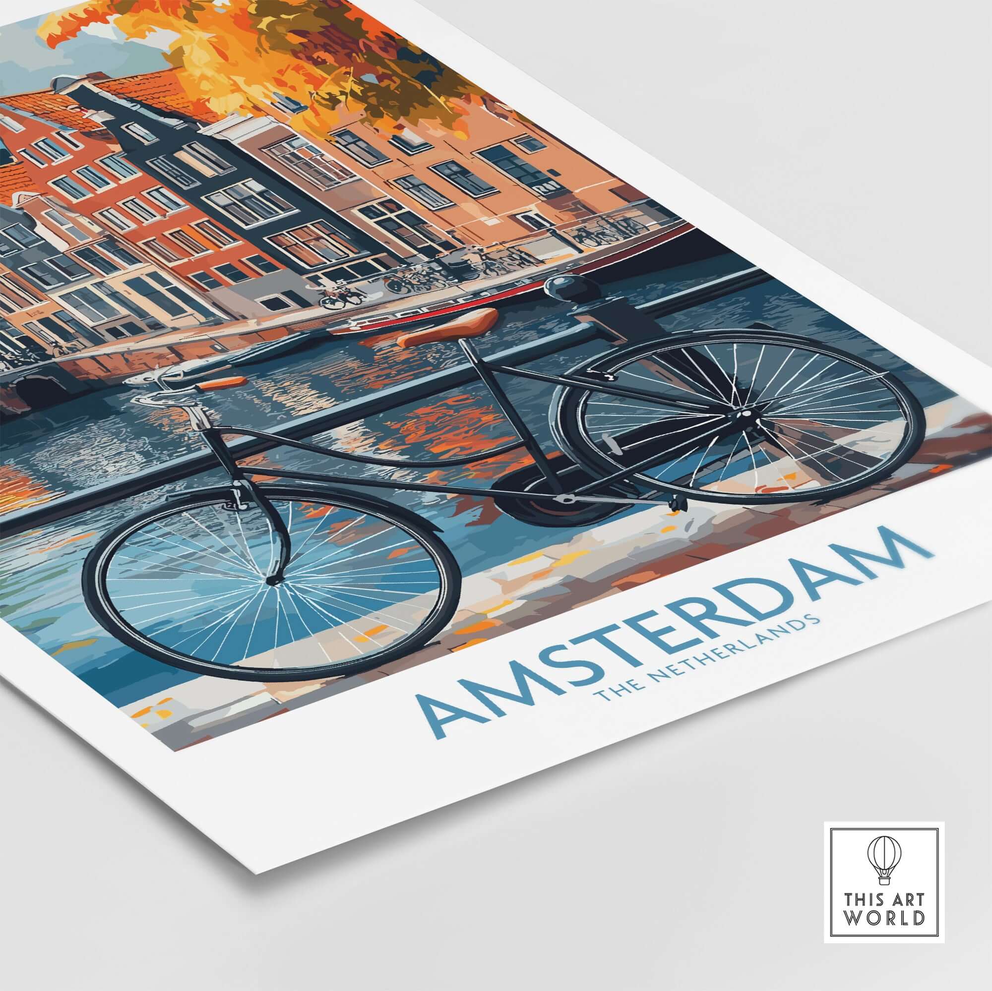 Bright Amsterdam Canal Poster - Colourful Dutch Houses Reflecting on Water Art featuring a bike by a canal.