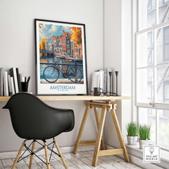 Bright Amsterdam Canal Poster - Colourful Dutch Houses Reflecting on Water Art displayed in modern workspace.
