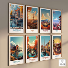 Bright Amsterdam Canal Poster - Colourful Dutch Houses Reflecting on Water Art displayed among cityscape art prints