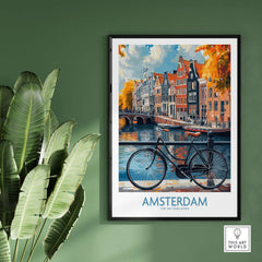 Bright Amsterdam Canal Poster - Colourful Dutch Houses Reflecting on Water Art showcased in a stylish home setting.