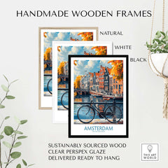 Handmade wooden frames in natural, white, and black for Bright Amsterdam Canal Poster - Colourful Dutch Houses Reflecting on Water Art.