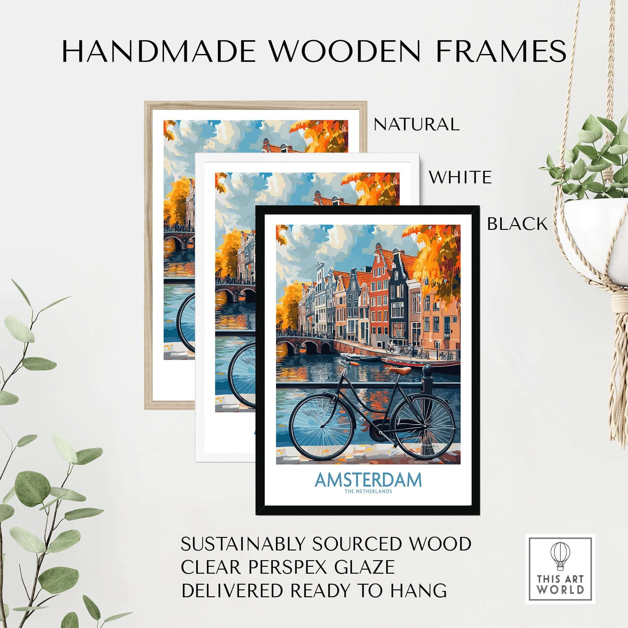 Handmade wooden frames in natural, white, and black for Bright Amsterdam Canal Poster - Colourful Dutch Houses Reflecting on Water Art.