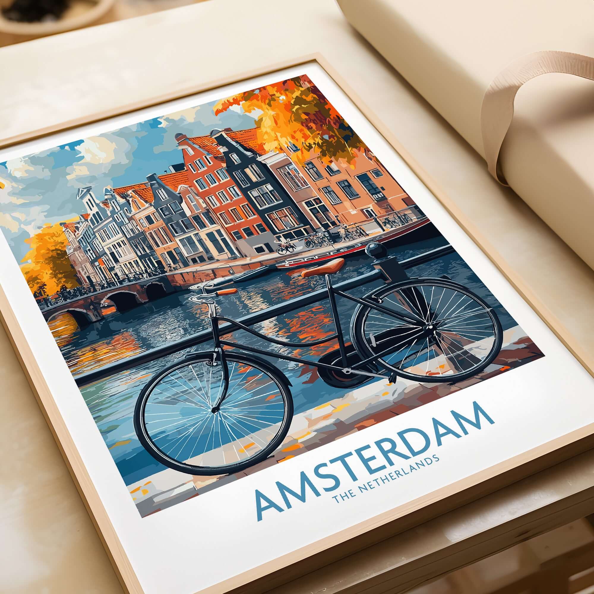 Bright Amsterdam Canal Poster - Colourful Dutch Houses Reflecting on Water Art, featuring a bike and vibrant architecture.