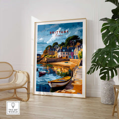 Brittany Travel Print showcasing a coastal town in Brittany with charming houses by the water.
