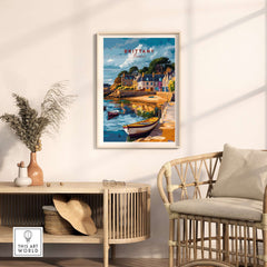 Brittany Travel Print showcasing a vibrant coastal scene with boats and charming houses in Brittany.