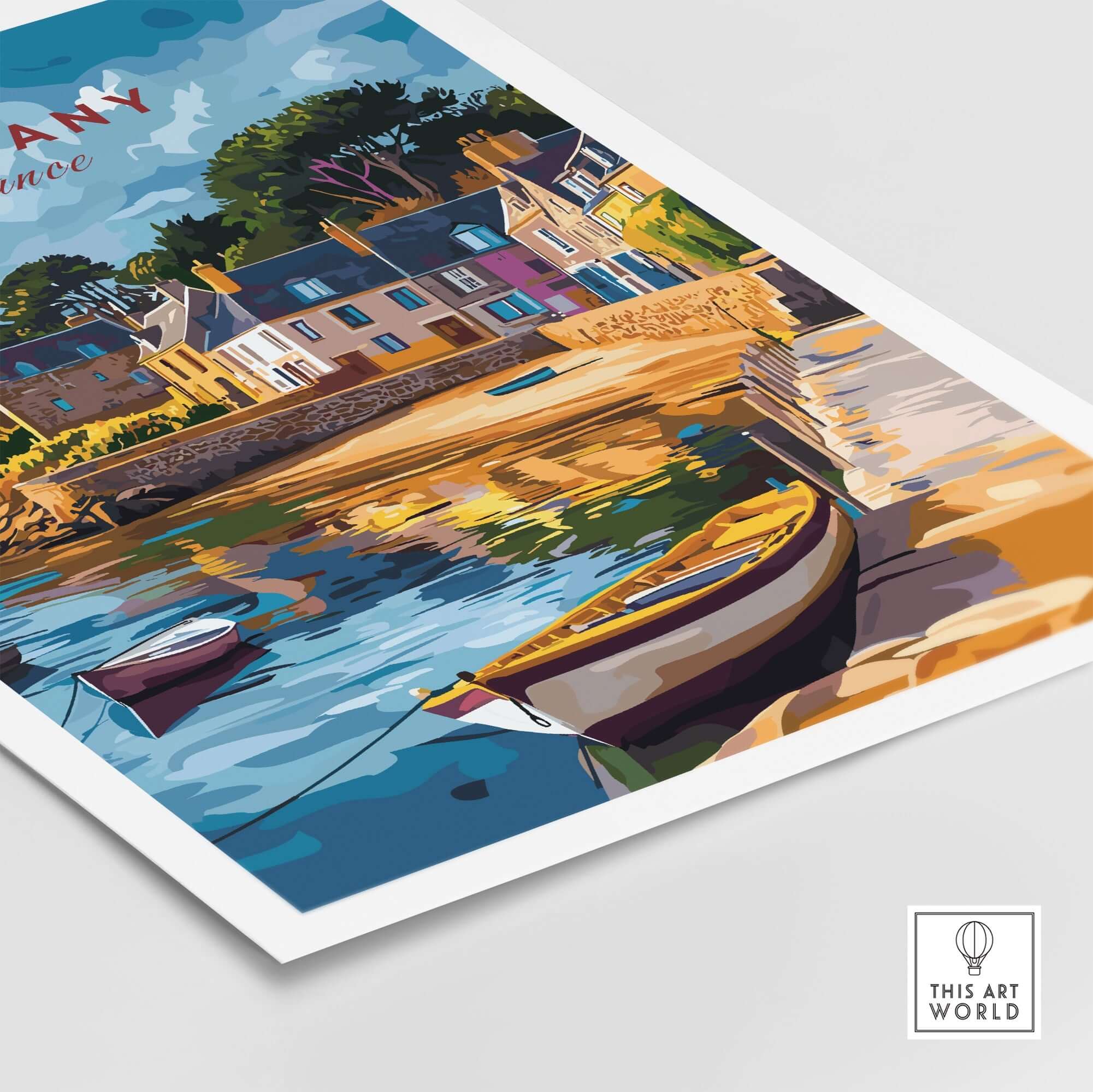 Brittany Travel Print showcasing a scenic coastal view with boats and charming architecture.
