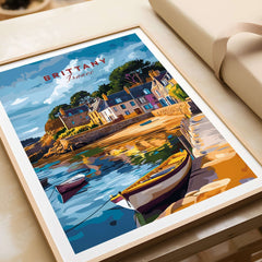 Brittany Travel Print showcasing a vibrant coastal scene with boats and charming houses in Brittany, France.