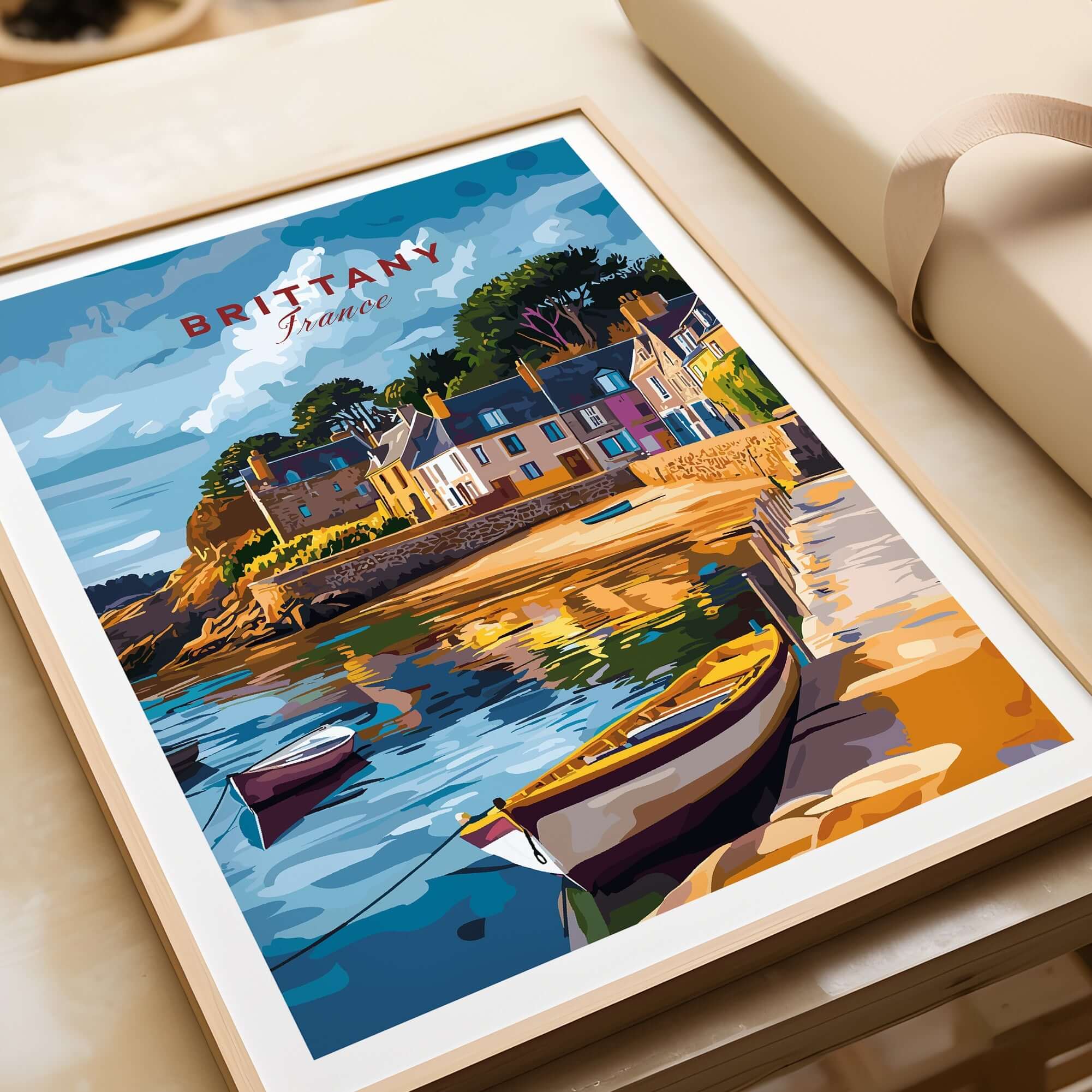 Brittany Travel Print showcasing a vibrant coastal scene with boats and charming houses in Brittany, France.