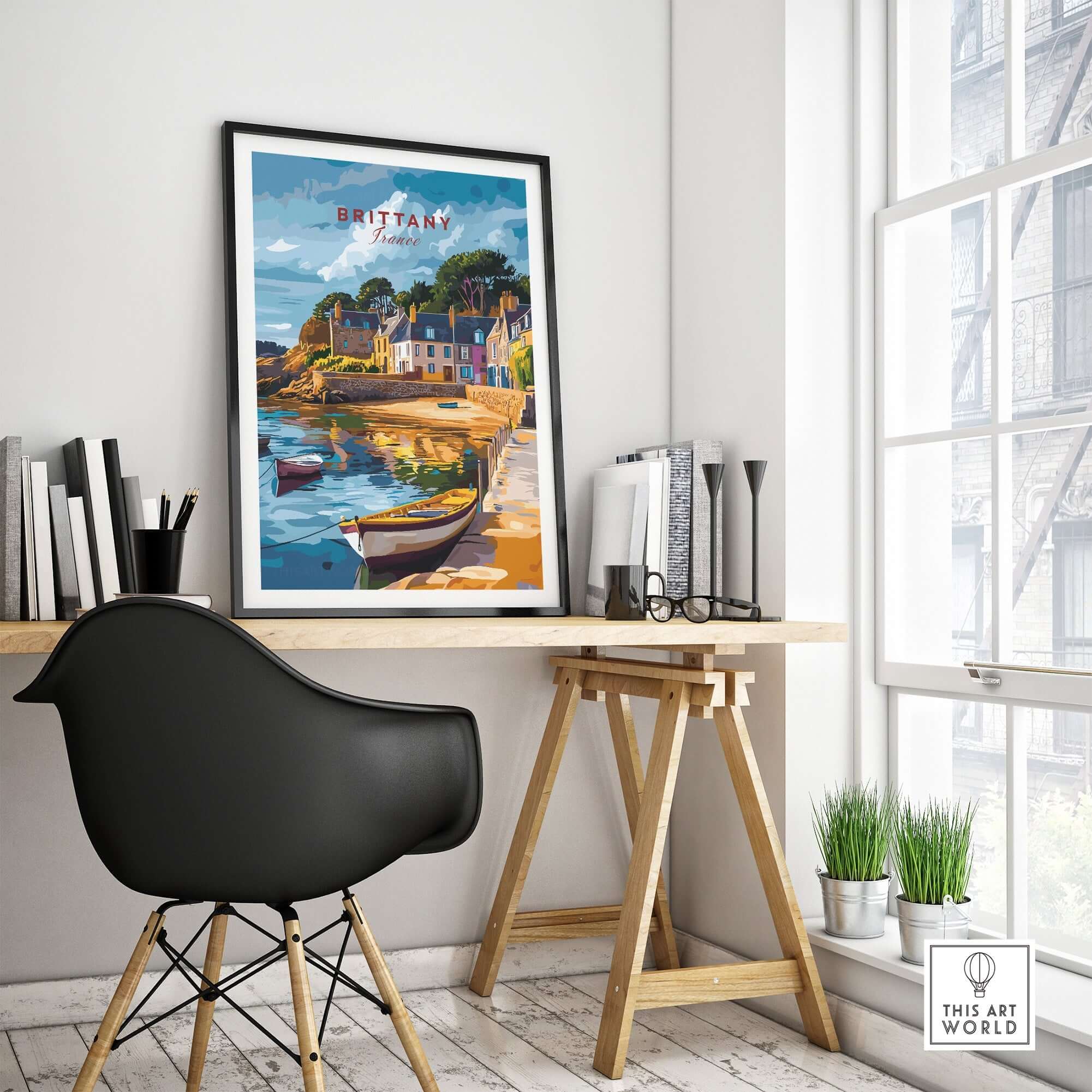 Brittany Travel Print showcasing a scenic coastal view, perfect for home or office decor.