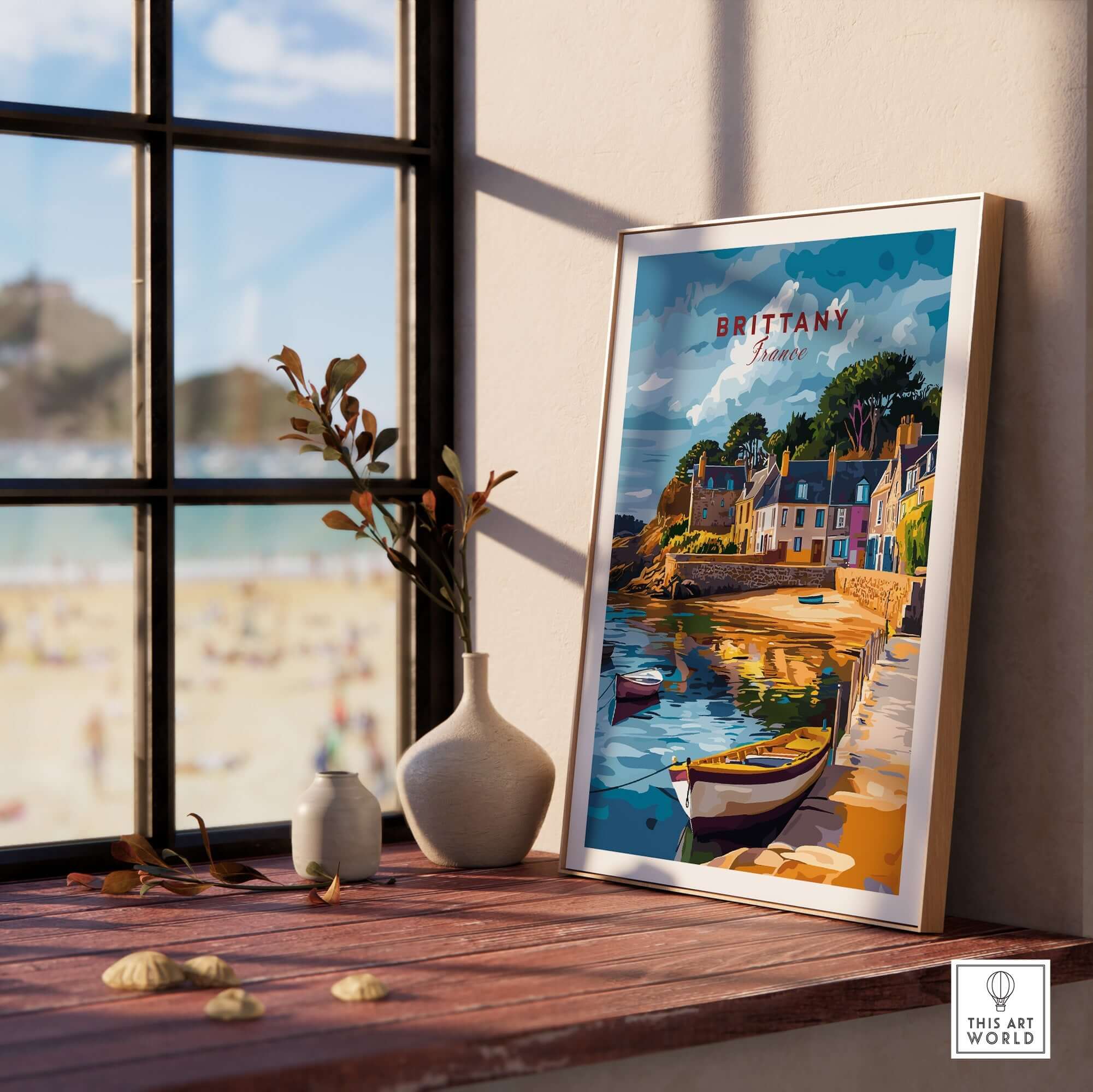 Brittany Travel Print showcasing vibrant coastal scene of Brittany with boats and charming towns.