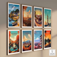 Brittany Travel Print among other city prints, showcasing vibrant art of scenic landscapes and iconic landmarks.