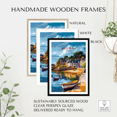 Handmade wooden frames featuring the Brittany Travel Print in natural, white, and black options, ready to hang.