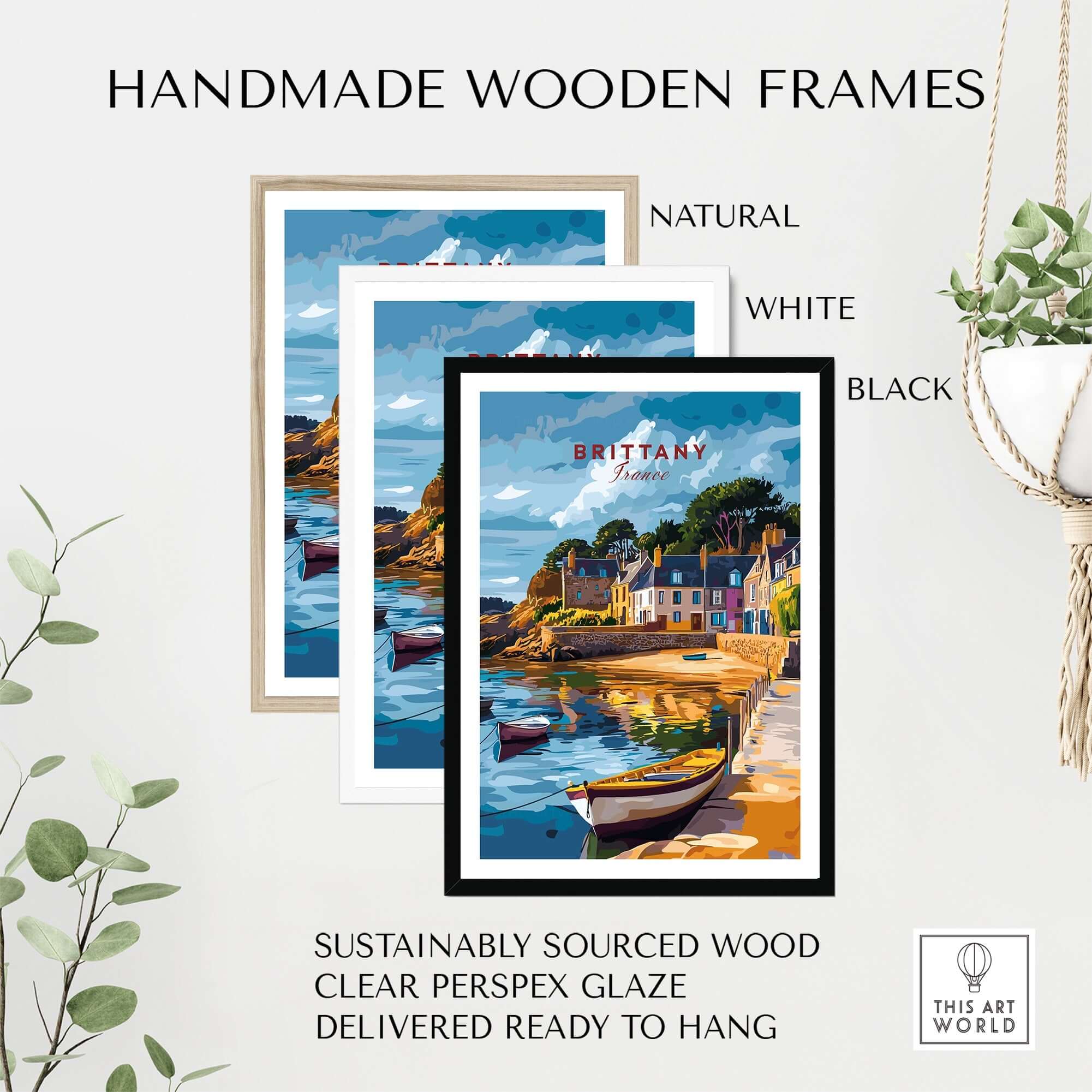 Handmade wooden frames featuring the Brittany Travel Print in natural, white, and black options, ready to hang.