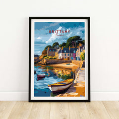 Brittany Travel Print showcasing a picturesque coastal view with charming homes and boats in Brittany, France.