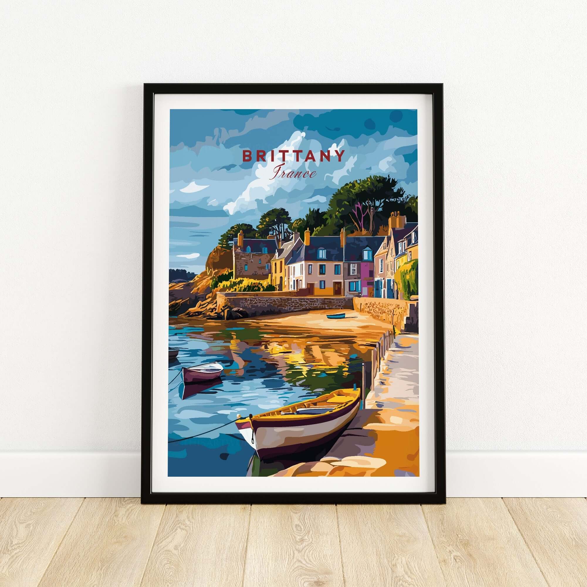 Brittany Travel Print showcasing a picturesque coastal view with charming homes and boats in Brittany, France.