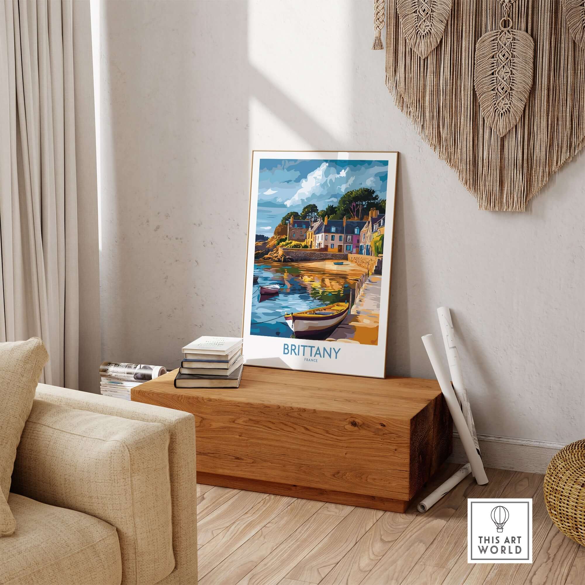 Brittany Wall Art Print showcasing vibrant landscapes and charming coastal scenes in a stylish living room setting.