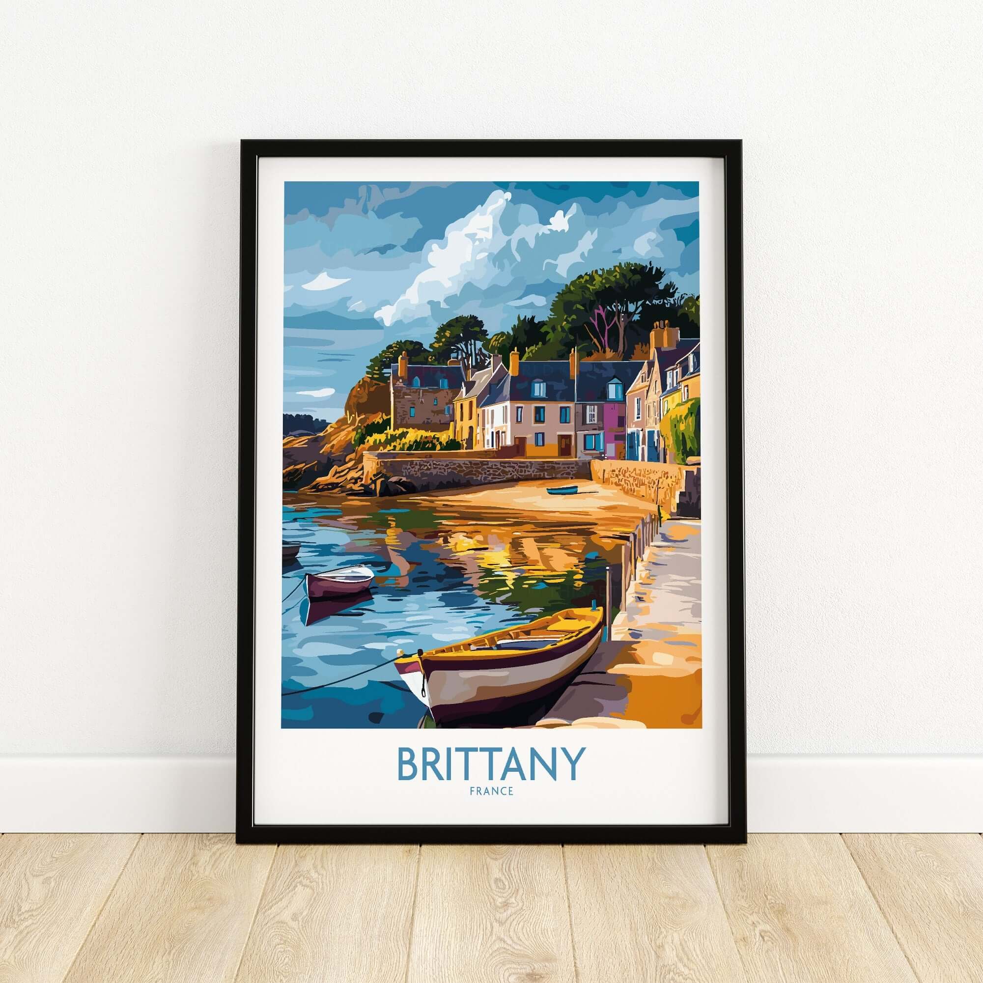 Brittany Wall Art Print showcasing colorful landscapes, boats, and charming buildings in Brittany, France.