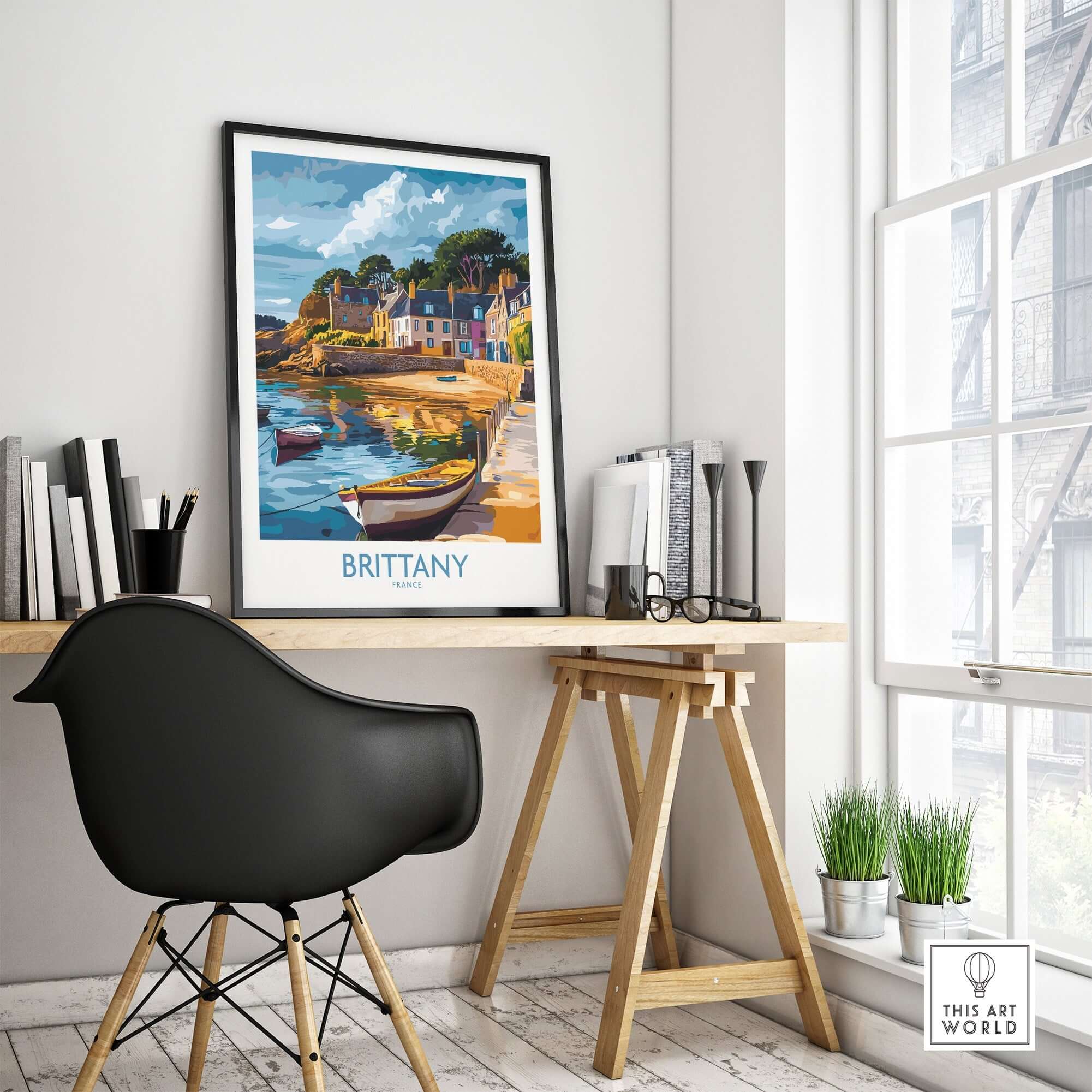 Brittany Wall Art Print showcasing vibrant landscapes in a stylish home office setting.