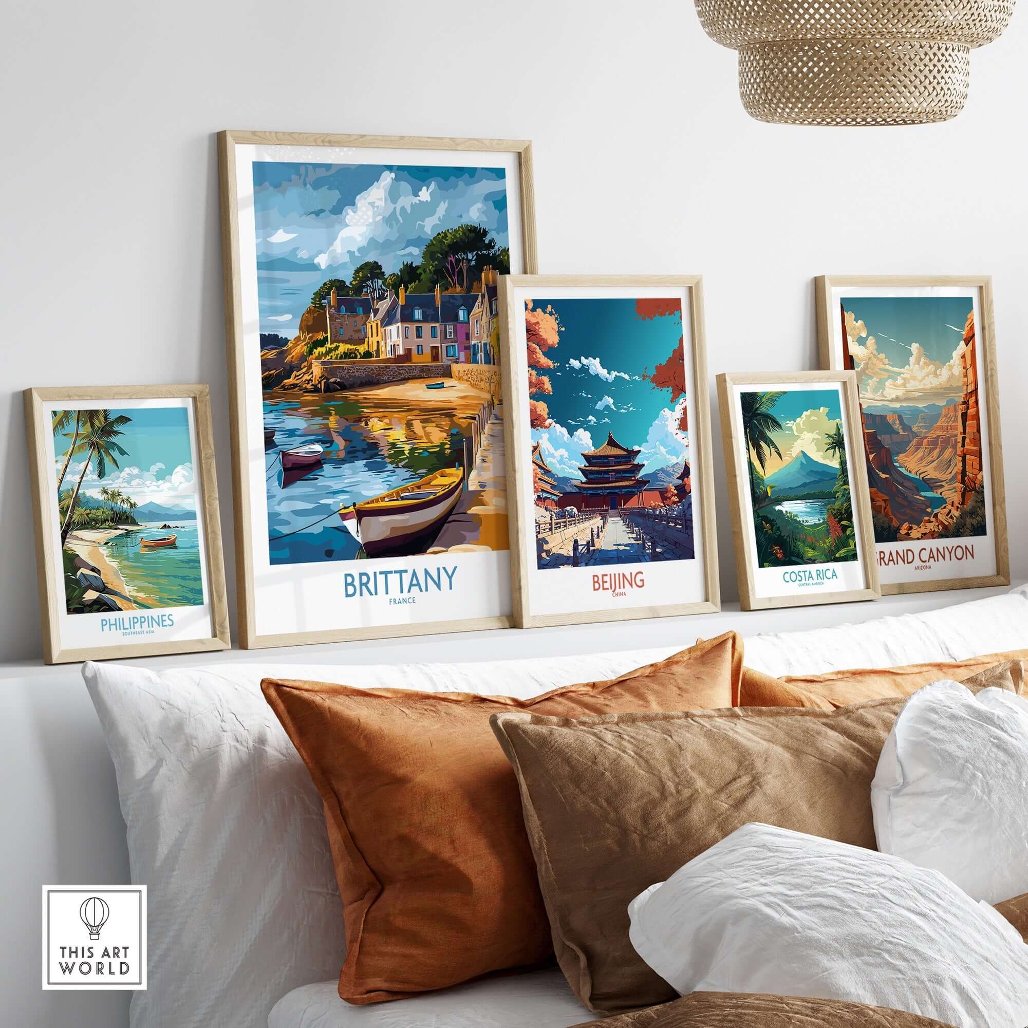 Brittany Wall Art Print displayed among other travel-themed prints on a stylish wall.