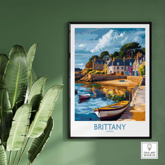 Brittany Wall Art Print showcasing vibrant coastal scenery with boats and colorful houses in France.